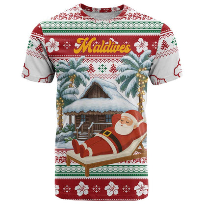 Maldives Christmas T-Shirt with Santa Claus Hammock Palm Trees and Tropical Graphic Tee