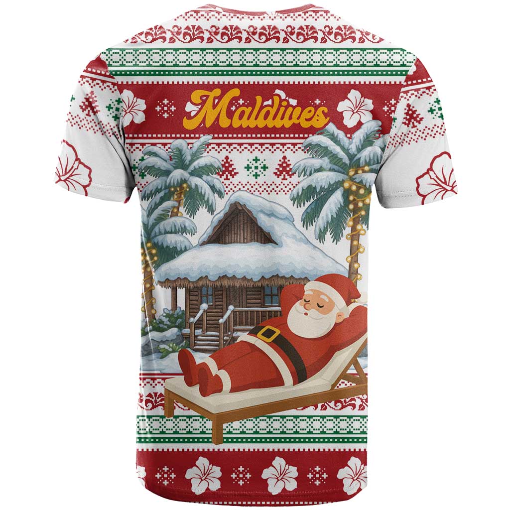 Maldives Christmas T-Shirt with Santa Claus Hammock Palm Trees and Tropical Graphic Tee