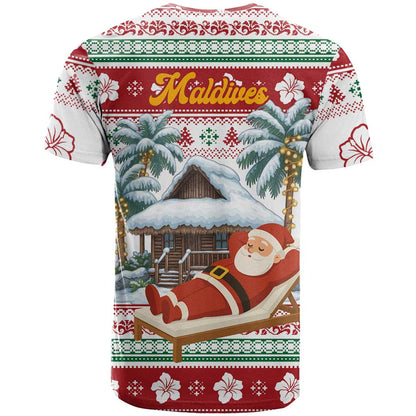 Maldives Christmas T-Shirt with Santa Claus Hammock Palm Trees and Tropical Graphic Tee