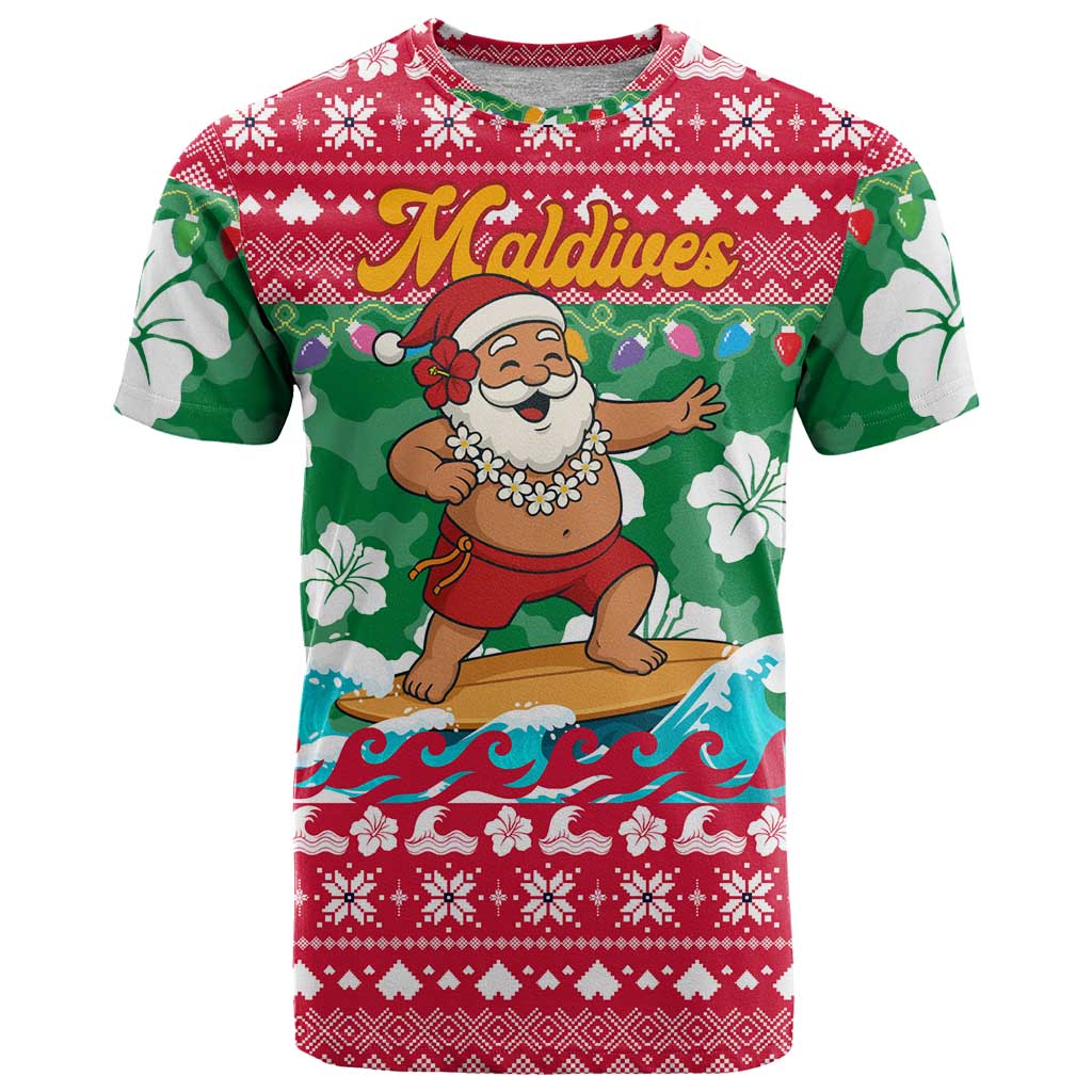 Maldives Christmas T-Shirt with Surfing Santa Claus Tropical Flowers and Holiday Wave Graphic Tee