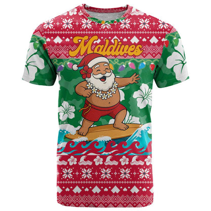 Maldives Christmas T-Shirt with Surfing Santa Claus Tropical Flowers and Holiday Wave Graphic Tee