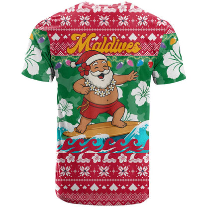 Maldives Christmas T-Shirt with Surfing Santa Claus Tropical Flowers and Holiday Wave Graphic Tee