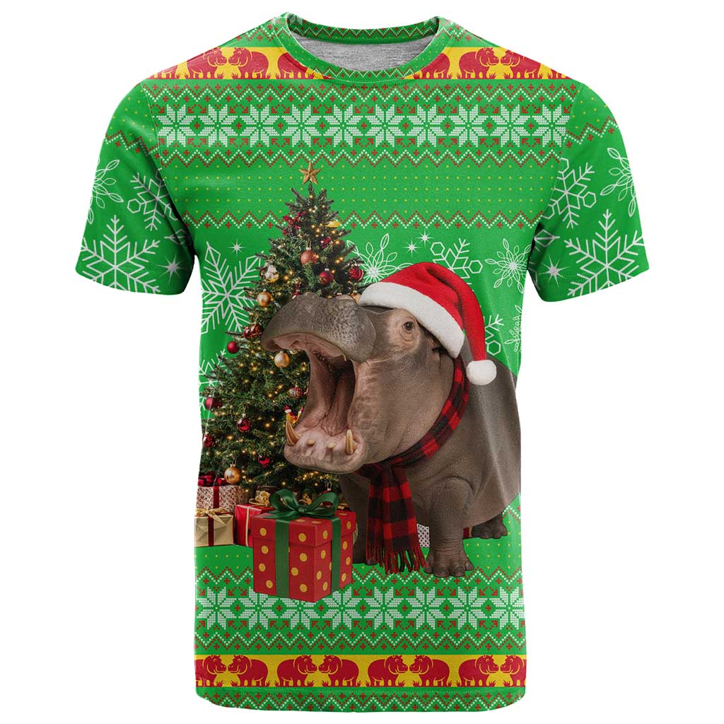 Mali Christmas T-Shirt with Hippo Santa Hat Snowflakes and Holiday Gift Graphic Tee