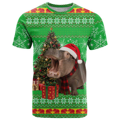 Mali Christmas T-Shirt with Hippo Santa Hat Snowflakes and Holiday Gift Graphic Tee