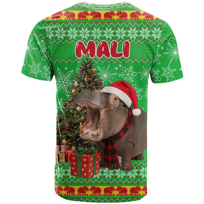 Mali Christmas T-Shirt with Hippo Santa Hat Snowflakes and Holiday Gift Graphic Tee