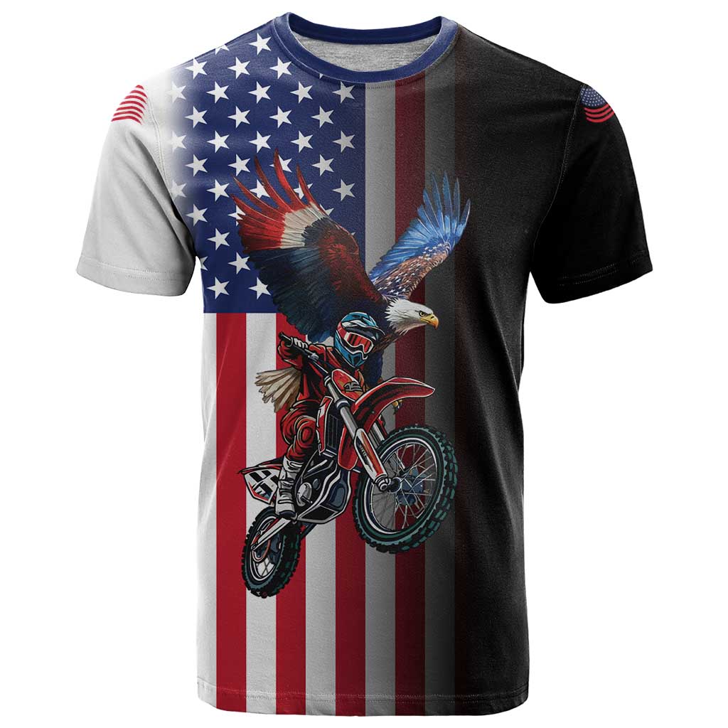 Custom Patriotic Eagle Motocross T-Shirt with American Flag and Rider Design Graphic Tee