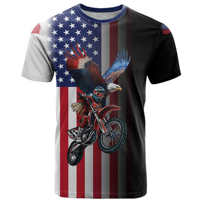 Custom Patriotic Eagle Motocross T-Shirt with American Flag and Rider Design Graphic Tee