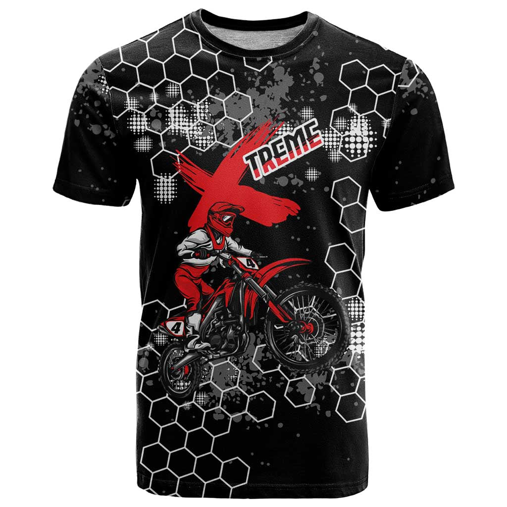 Custom Motocross Dirt Bike T-Shirt with Red Rider and Honeycomb Grunge Design Graphic Tee