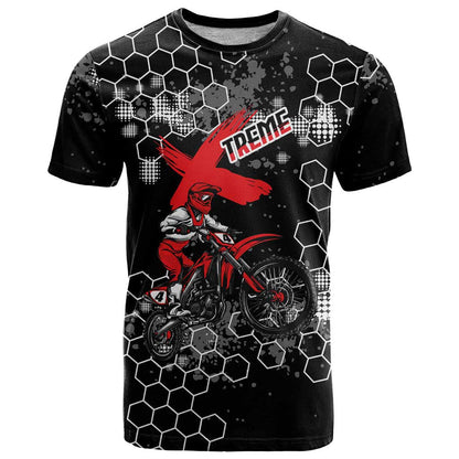 Custom Motocross Dirt Bike T-Shirt with Red Rider and Honeycomb Grunge Design Graphic Tee