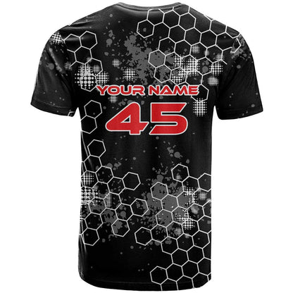 Custom Motocross Dirt Bike T-Shirt with Red Rider and Honeycomb Grunge Design Graphic Tee