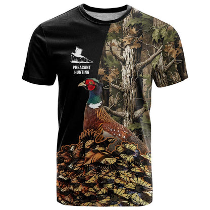 Custom Pheasant Hunting T-Shirt with Woodland Forest Scene and Autumn Foliage Pattern Graphic Tee