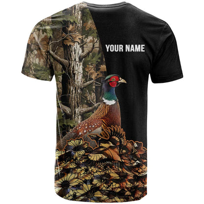 Custom Pheasant Hunting T-Shirt with Woodland Forest Scene and Autumn Foliage Pattern Graphic Tee