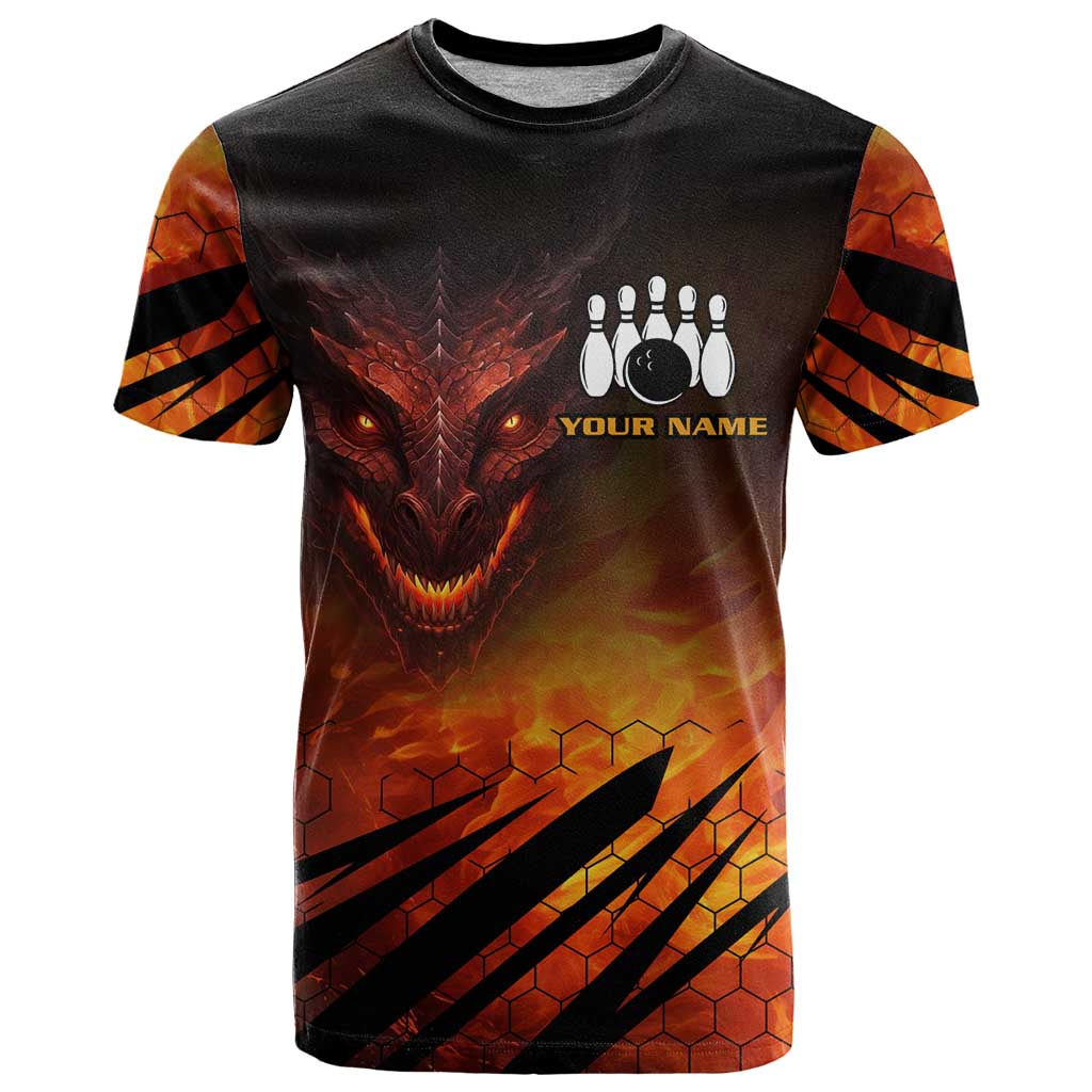 Custom Fiery Dragon Bowling T-Shirt with Flaming Ball and Hexagon Flame Pattern Graphic Tee