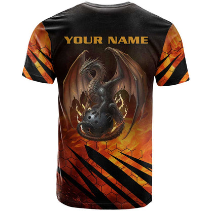 Custom Fiery Dragon Bowling T-Shirt with Flaming Ball and Hexagon Flame Pattern Graphic Tee