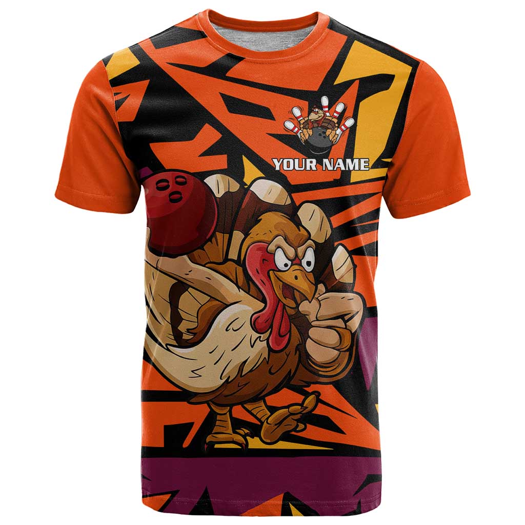 Custom Turkey Bowling T-Shirt with Cartoon Turkey Striker and Orange Geometric Pattern Graphic Tee