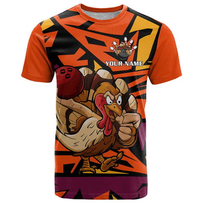 Custom Turkey Bowling T-Shirt with Cartoon Turkey Striker and Orange Geometric Pattern Graphic Tee