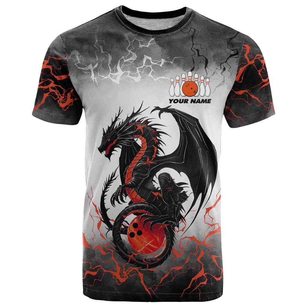 Custom Black Dragon Bowling T-Shirt with Fiery Ball and Thunderstorm Lightning Pattern Graphic Tee