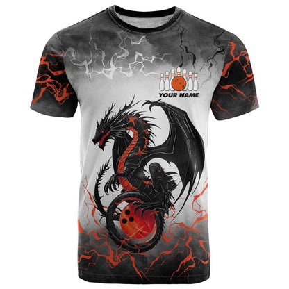 Custom Black Dragon Bowling T-Shirt with Fiery Ball and Thunderstorm Lightning Pattern Graphic Tee