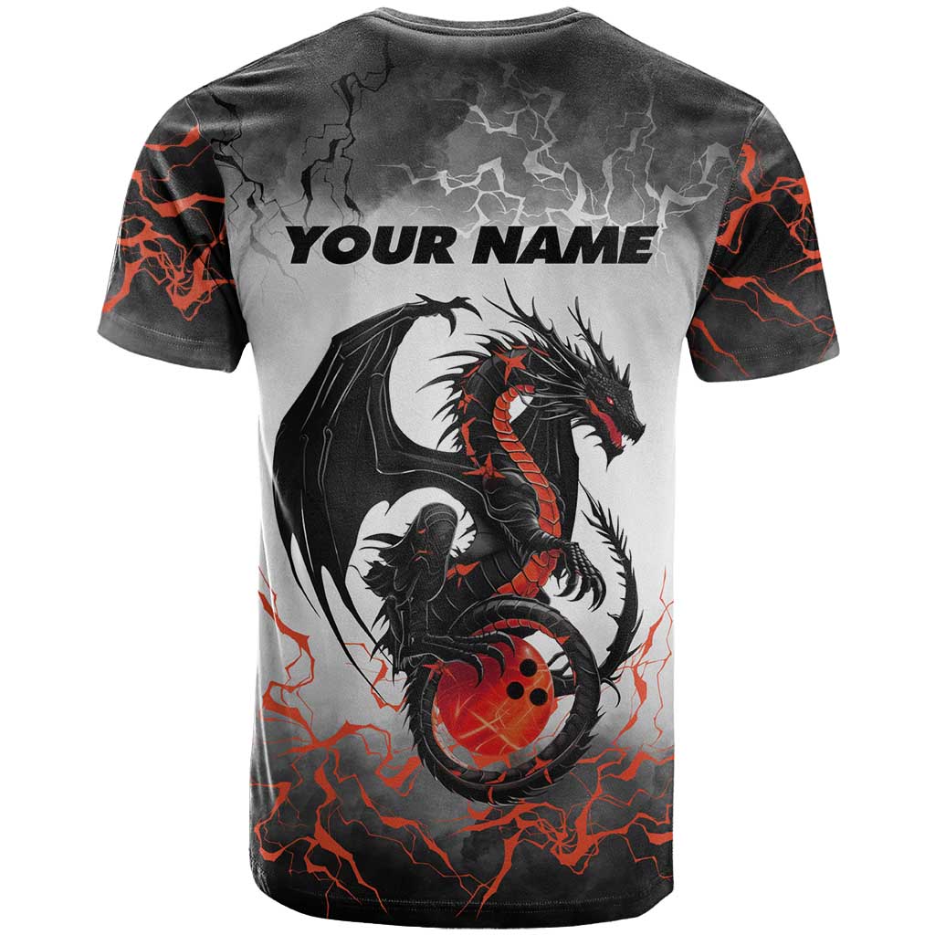 Custom Black Dragon Bowling T-Shirt with Fiery Ball and Thunderstorm Lightning Pattern Graphic Tee