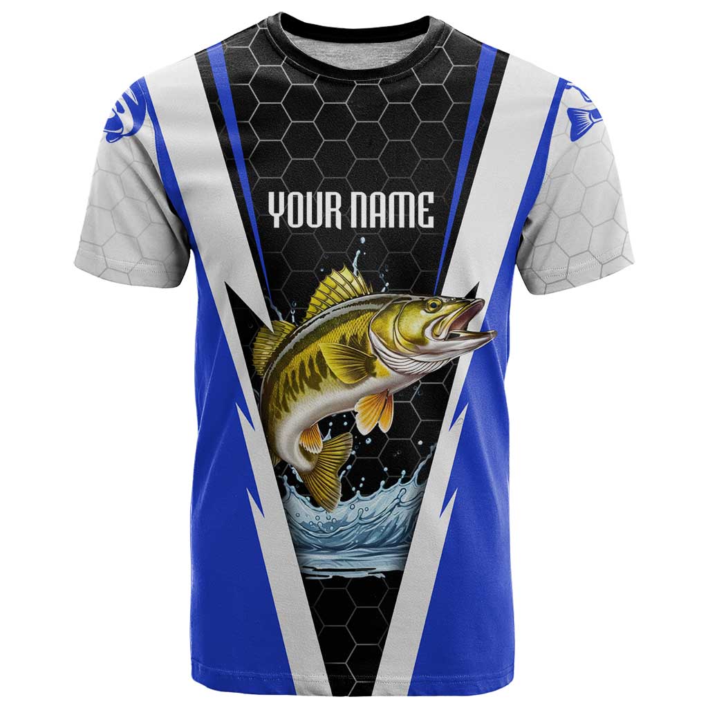 Custom Walleye Fishing T-Shirt with Jumping Fish Splash and Blue Black Hexagon Pattern Graphic Tee