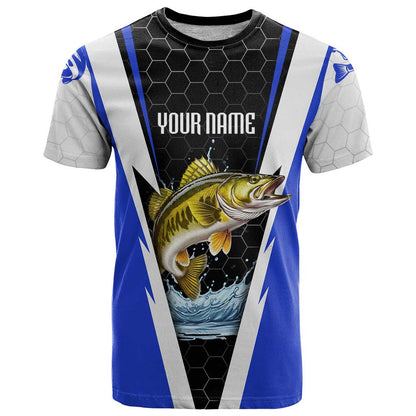 Custom Walleye Fishing T-Shirt with Jumping Fish Splash and Blue Black Hexagon Pattern Graphic Tee