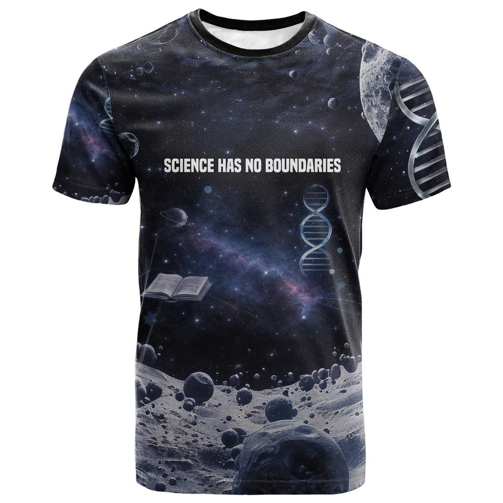 Mae Jemison T-Shirt with Space Portrait Design, Science Has No Boundaries Quote and DNA Book Elements Graphic Tee