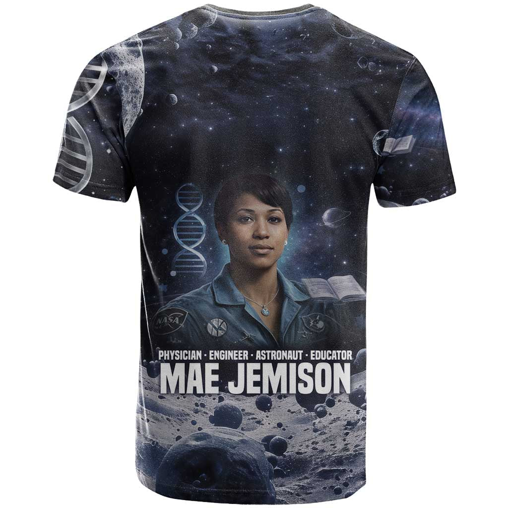 Mae Jemison T-Shirt with Space Portrait Design, Science Has No Boundaries Quote and DNA Book Elements Graphic Tee