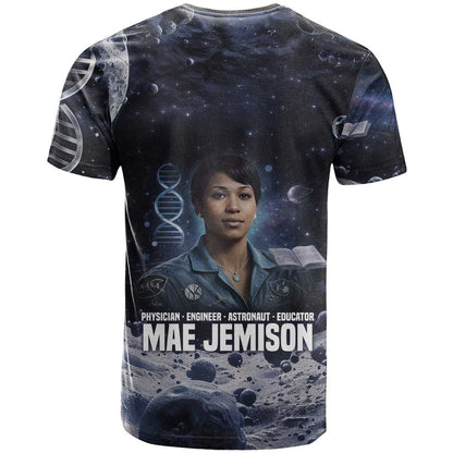 Mae Jemison T-Shirt with Space Portrait Design, Science Has No Boundaries Quote and DNA Book Elements Graphic Tee