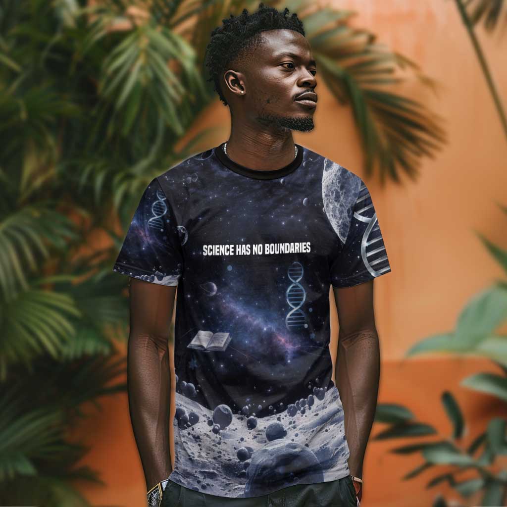 Mae Jemison T-Shirt with Space Portrait Design, Science Has No Boundaries Quote and DNA Book Elements Graphic Tee