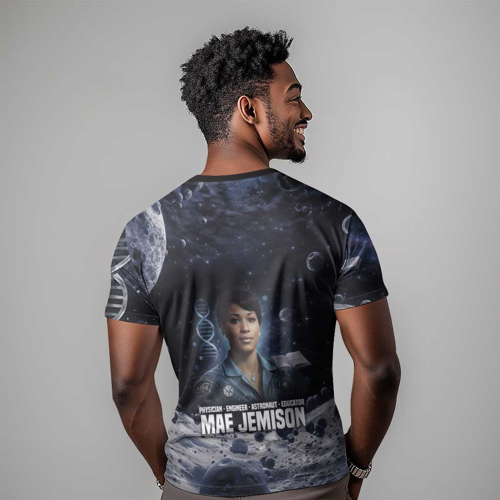 Mae Jemison T-Shirt with Space Portrait Design, Science Has No Boundaries Quote and DNA Book Elements Graphic Tee