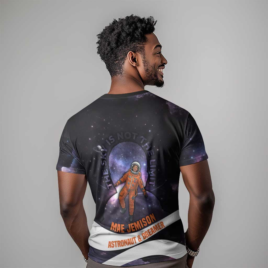 Mae Jemison T-Shirt Cartoon Astronaut Portrait, The Sky Is Not the Limit Quote and Galaxy Dreamer Graphic Tee