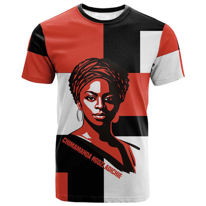 Chimamanda Ngozi Adichie T-Shirt with Bold Red Portrait, We Should All Be Feminists Quote Graphic Tee
