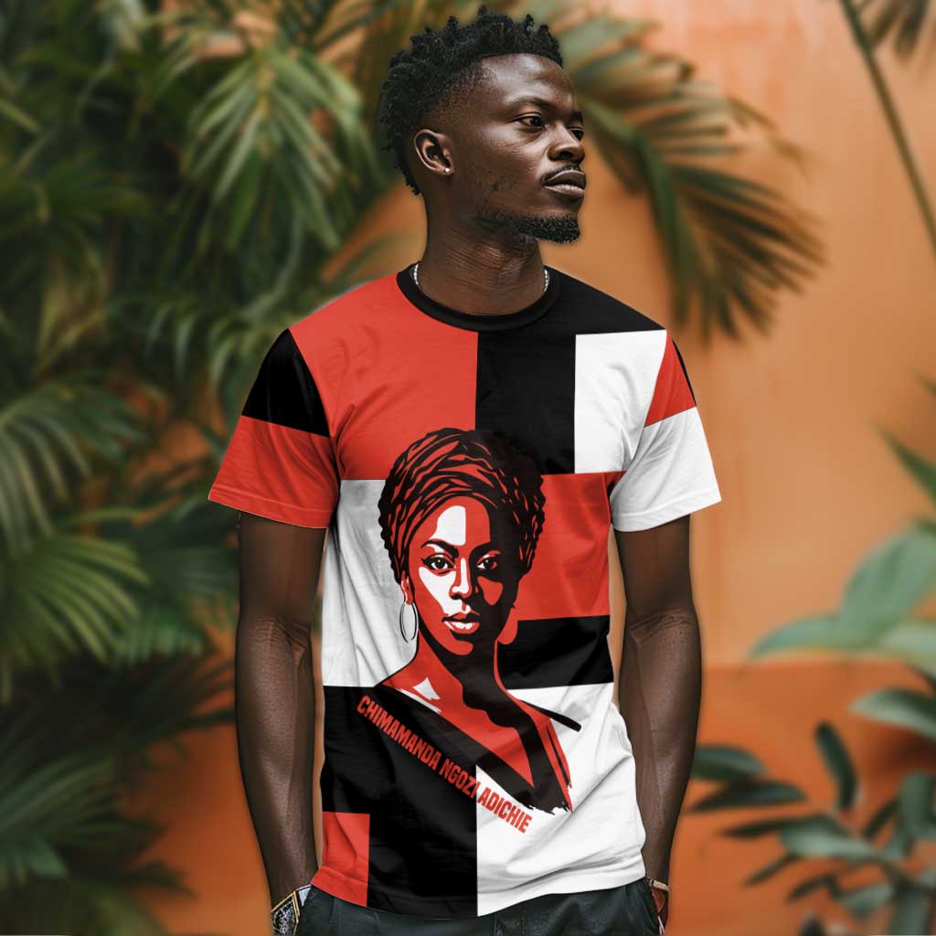 Chimamanda Ngozi Adichie T-Shirt with Bold Red Portrait, We Should All Be Feminists Quote Graphic Tee