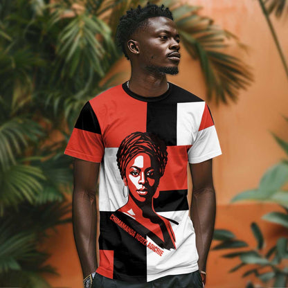 Chimamanda Ngozi Adichie T-Shirt with Bold Red Portrait, We Should All Be Feminists Quote Graphic Tee