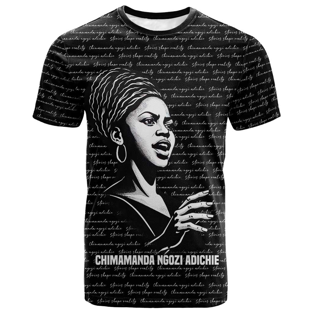 Chimamanda Ngozi Adichie T-Shirt with Expressive Speaking Portrait, Stories Shape Reality Graphic Tee