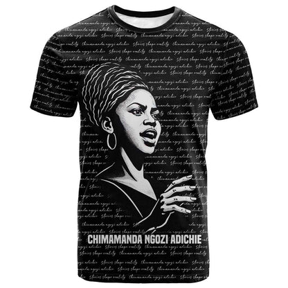 Chimamanda Ngozi Adichie T-Shirt with Expressive Speaking Portrait, Stories Shape Reality Graphic Tee