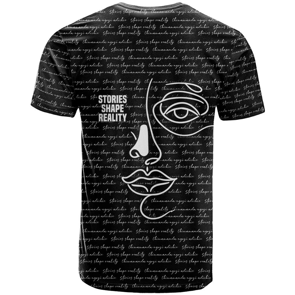 Chimamanda Ngozi Adichie T-Shirt with Expressive Speaking Portrait, Stories Shape Reality Graphic Tee