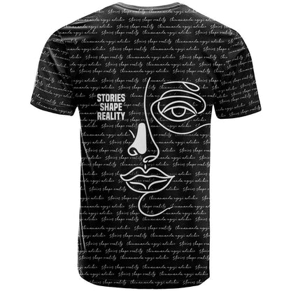 Chimamanda Ngozi Adichie T-Shirt with Expressive Speaking Portrait, Stories Shape Reality Graphic Tee