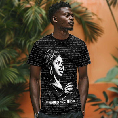 Chimamanda Ngozi Adichie T-Shirt with Expressive Speaking Portrait, Stories Shape Reality Graphic Tee