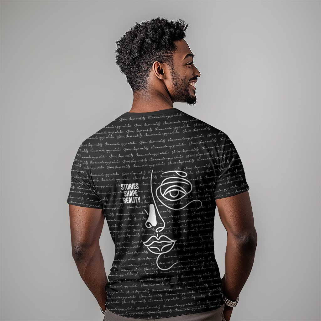 Chimamanda Ngozi Adichie T-Shirt with Expressive Speaking Portrait, Stories Shape Reality Graphic Tee