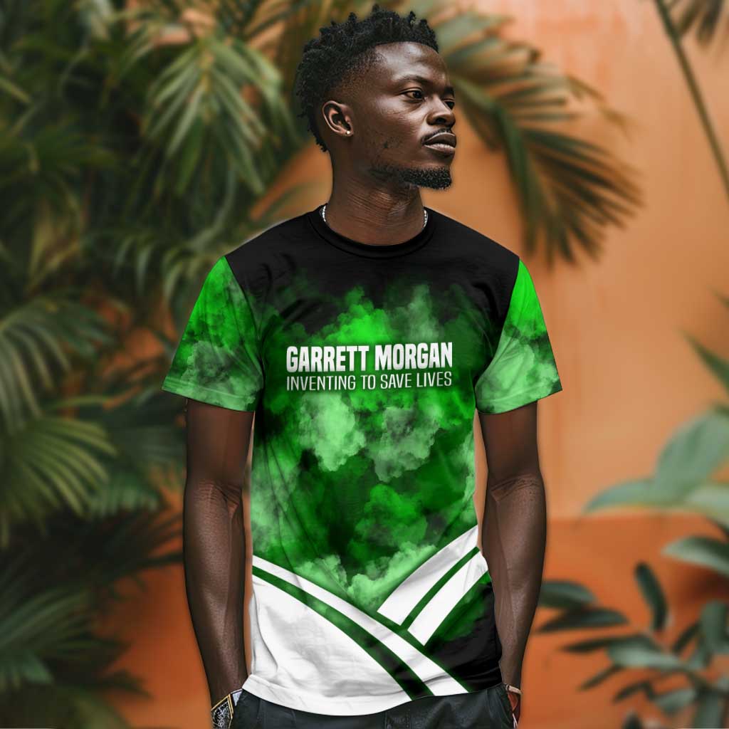 Garrett Morgan T-Shirt with Gas Mask Invention Illustration, Inventing to Save Lives Quote Graphic Tee