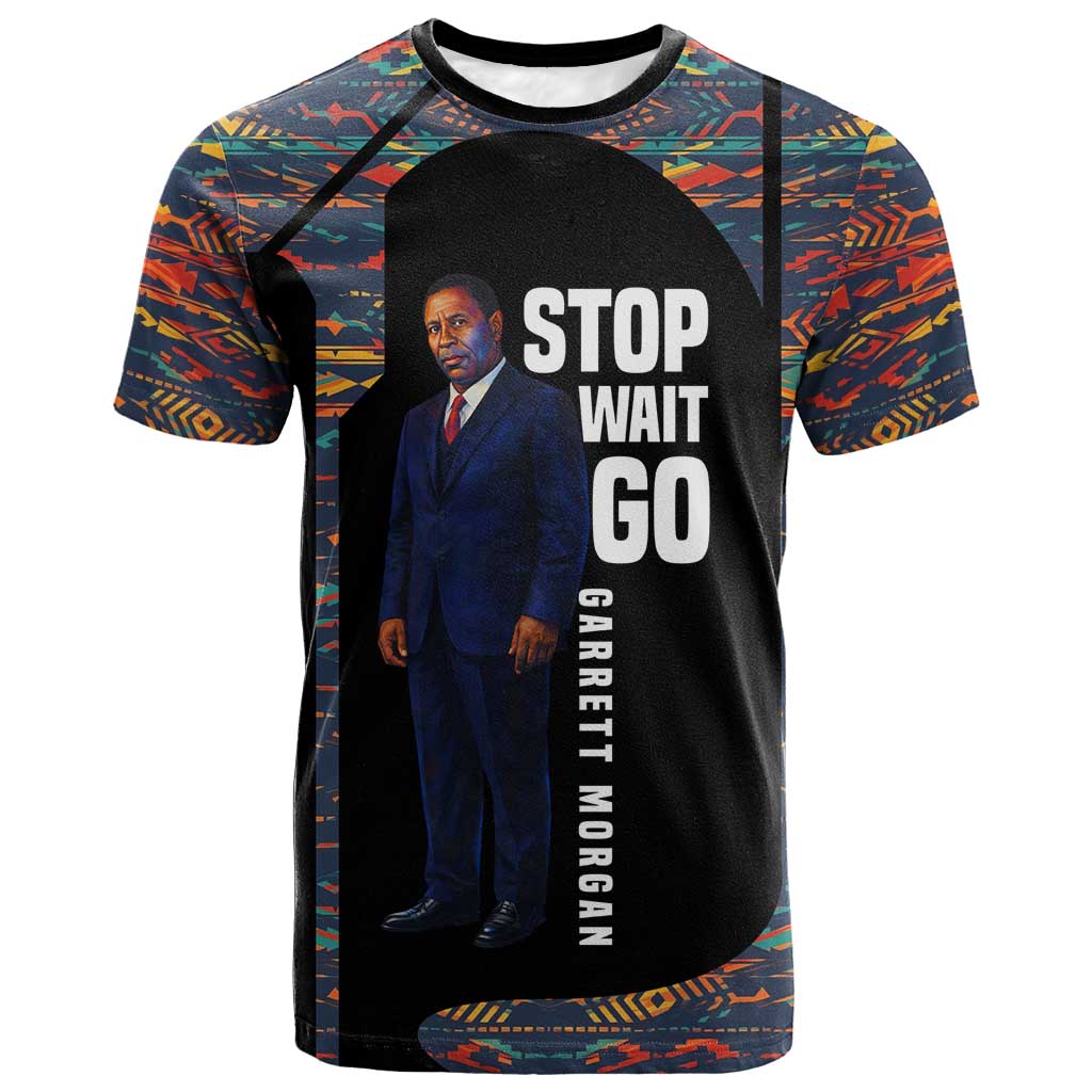Garrett Morgan T-Shirt with Full Body Portrait, Stop Wait Go Quote, Traffic Light Design Graphic Tee