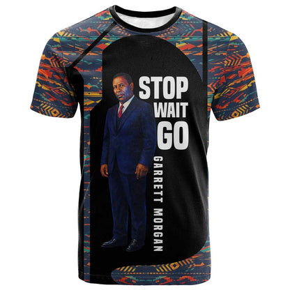 Garrett Morgan T-Shirt with Full Body Portrait, Stop Wait Go Quote, Traffic Light Design Graphic Tee