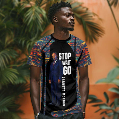 Garrett Morgan T-Shirt with Full Body Portrait, Stop Wait Go Quote, Traffic Light Design Graphic Tee