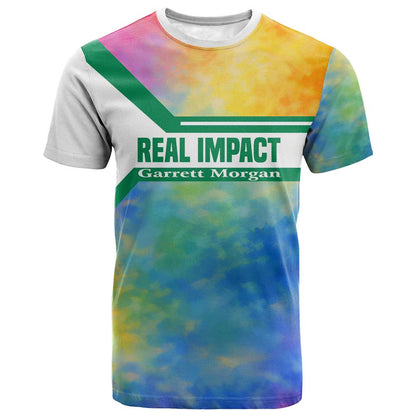 Garrett Morgan T-Shirt with Real Impact Quote, Black Inventor Portrait and Vibrant Watercolor Graphic Tee