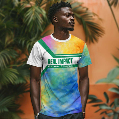 Garrett Morgan T-Shirt with Real Impact Quote, Black Inventor Portrait and Vibrant Watercolor Graphic Tee