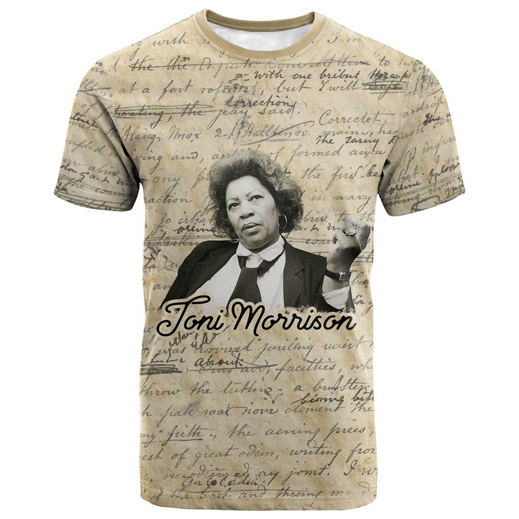 Toni Morrison T-Shirt Handwritten Manuscript Powerful Portrait with Feather Pen Quote Graphic Tee