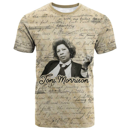 Toni Morrison T-Shirt Handwritten Manuscript Powerful Portrait with Feather Pen Quote Graphic Tee