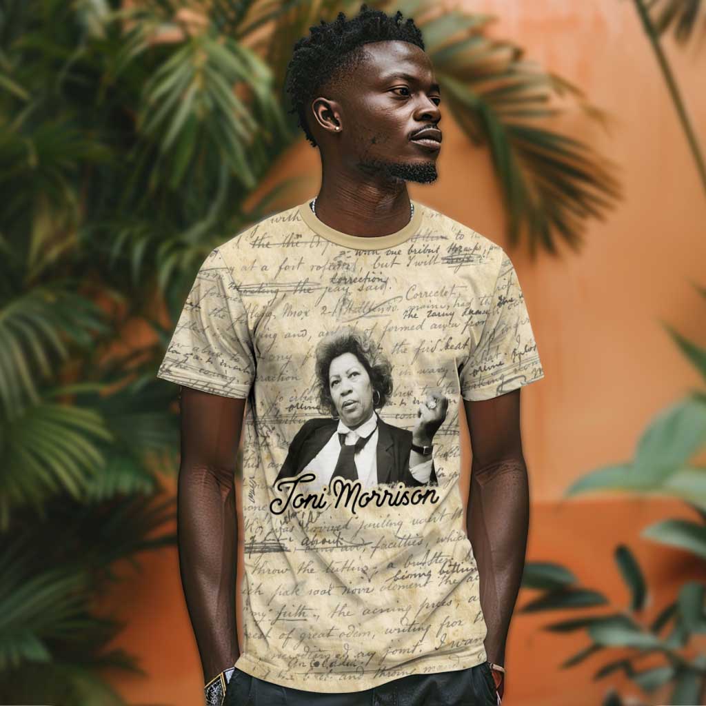 Toni Morrison T-Shirt Handwritten Manuscript Powerful Portrait with Feather Pen Quote Graphic Tee