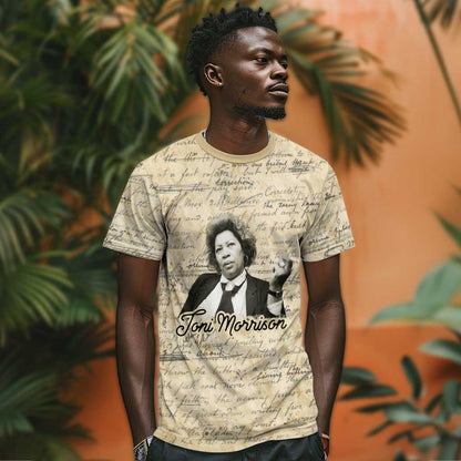 Toni Morrison T-Shirt Handwritten Manuscript Powerful Portrait with Feather Pen Quote Graphic Tee